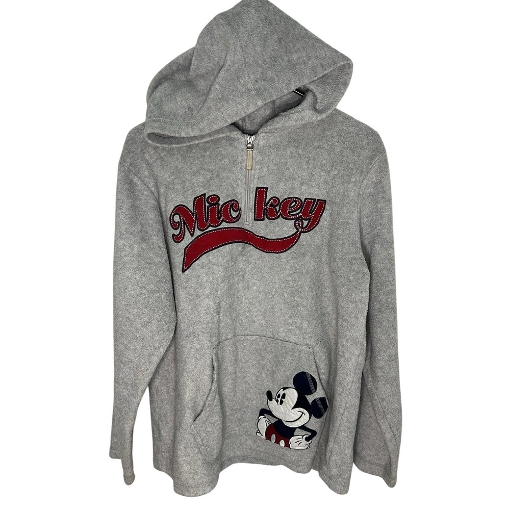 Vtg Disney Men LG "Mickey" Mouse Quarter Zip Grey Pullover Hooded Jacket Retro‎